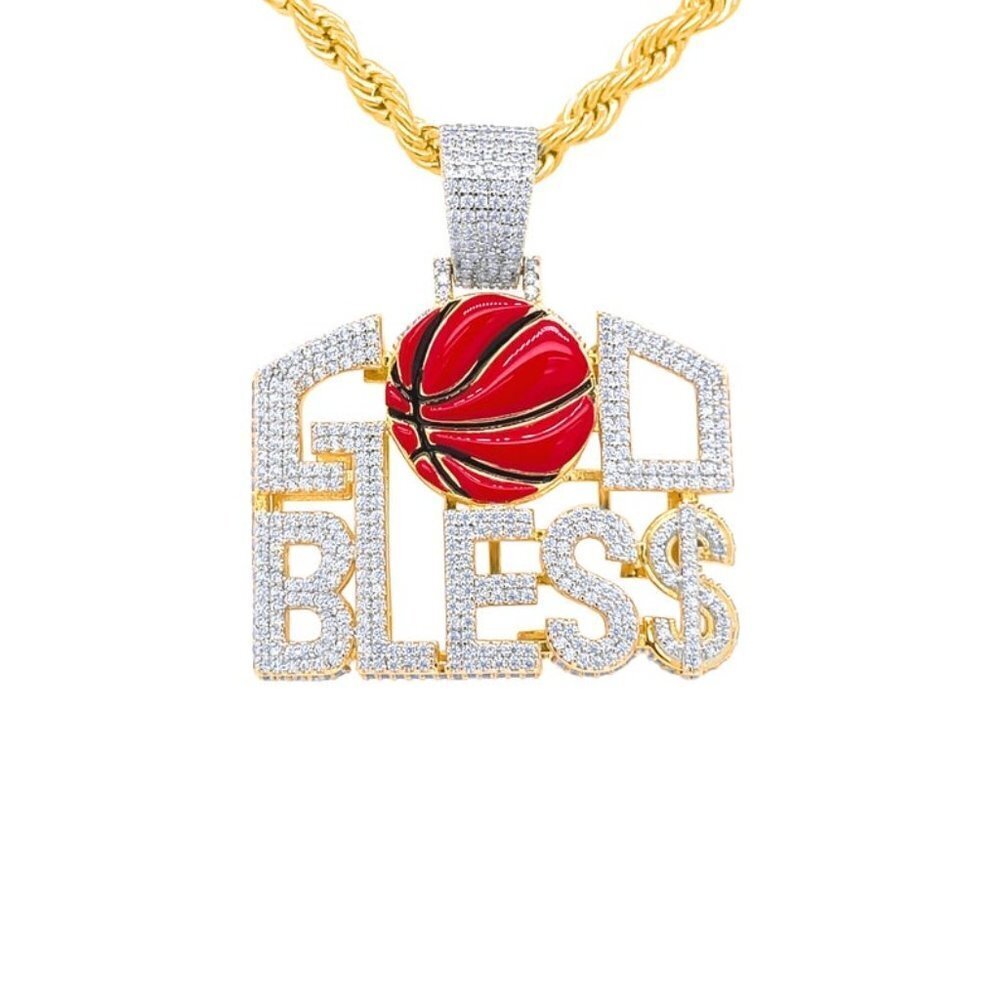 14k Gold Finish God Bless Pendant Hip Hop Jewelry